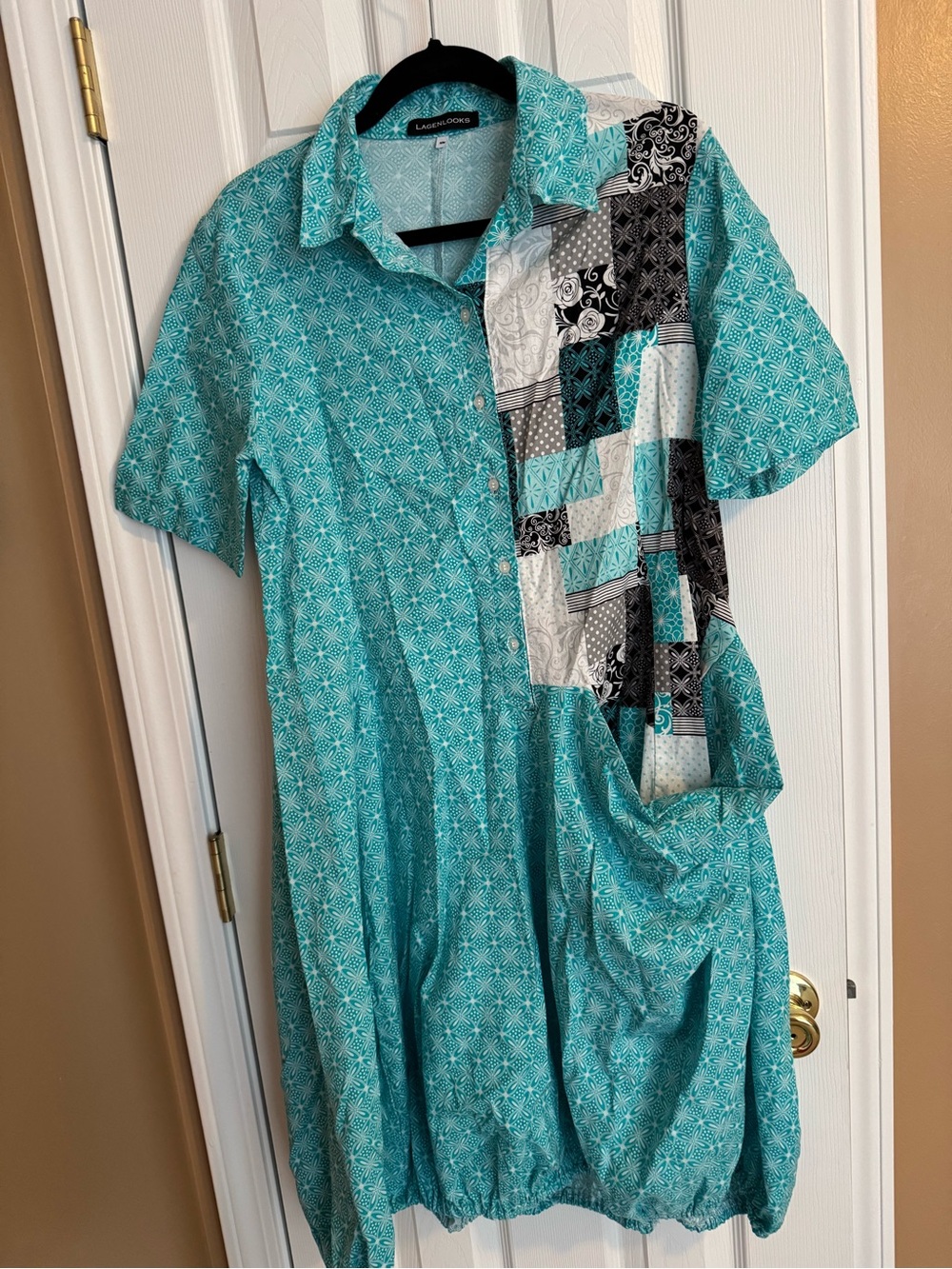 LagenLooks Women’s Teal Patchwork Short-Sleeve Button Dress.